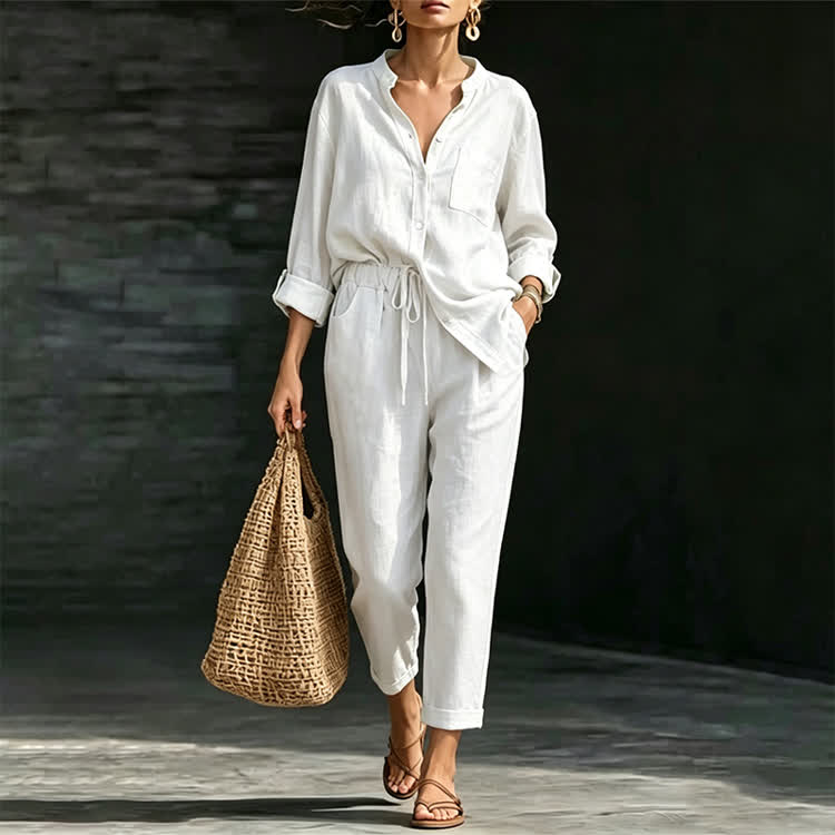 Solid Casual Texture Stand Collar Long-sleeve Shirt & Large Pocket Pants Set - White - 5XL - image 7