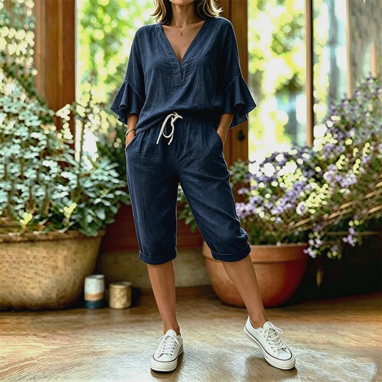 Elegant Solid Texture V-neck Half Sleeve Blouse & Pocket Mid Short Set - Navy Blue - 4XL - image 9