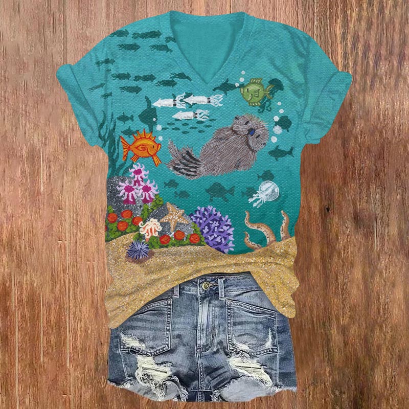 Cute Underwater Cartoon Little Sea Otter Oil Painting Print V-neck T-shirt - Lake Blue - 5XL - image 1