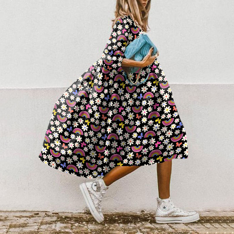 Holiday Cute Daisy Rainbow Print Dress - Black - 5XL - image 1