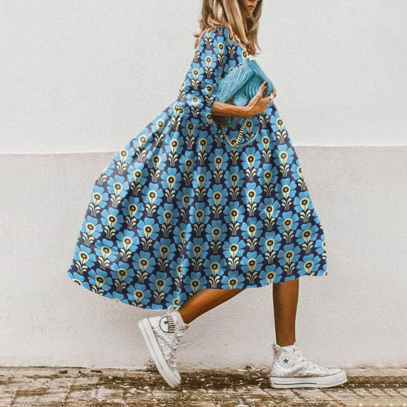 Women's Holiday Cute Blue Flower Print Dress - Blue - 5XL - image 1