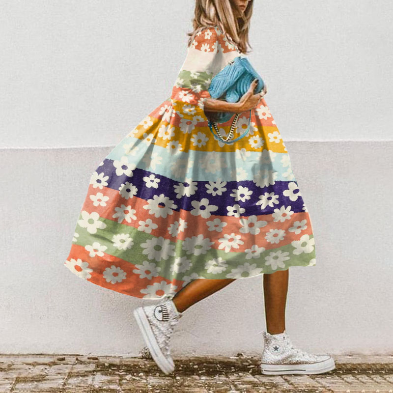 Vintage Rainbow Striped Daisy Print Dress - Multicolor - 5XL - image 1