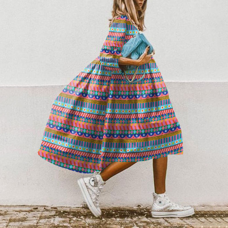Multicolor Retro Cute Striped Daisy Print Casual Loose Dress - Blue - 5XL - image 1