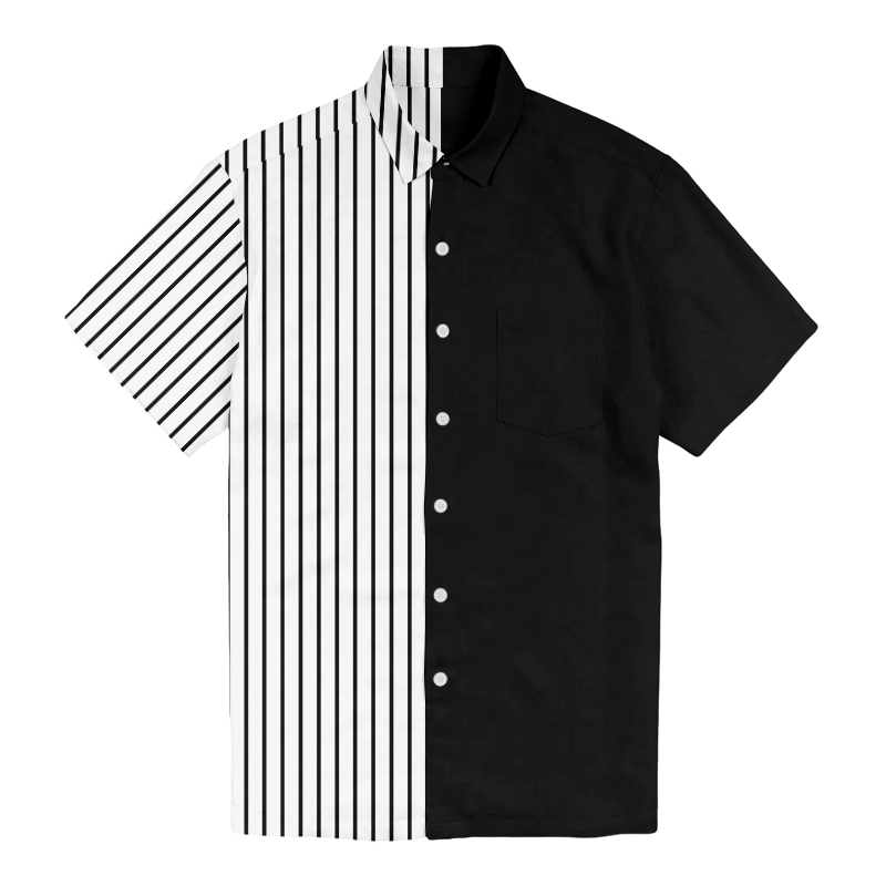 100% Cotton Men's Simple Striped Color Block Stitching Print Short Sleeve Shirt - Black - 6XL - image 1