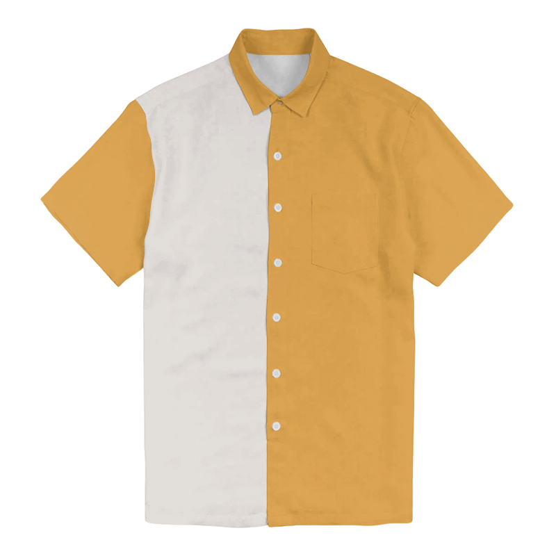 100% Cotton Men's Simple Yellow And Beige Patchwork Print Short Sleeve Shirt - Yellow - 6XL - image 1