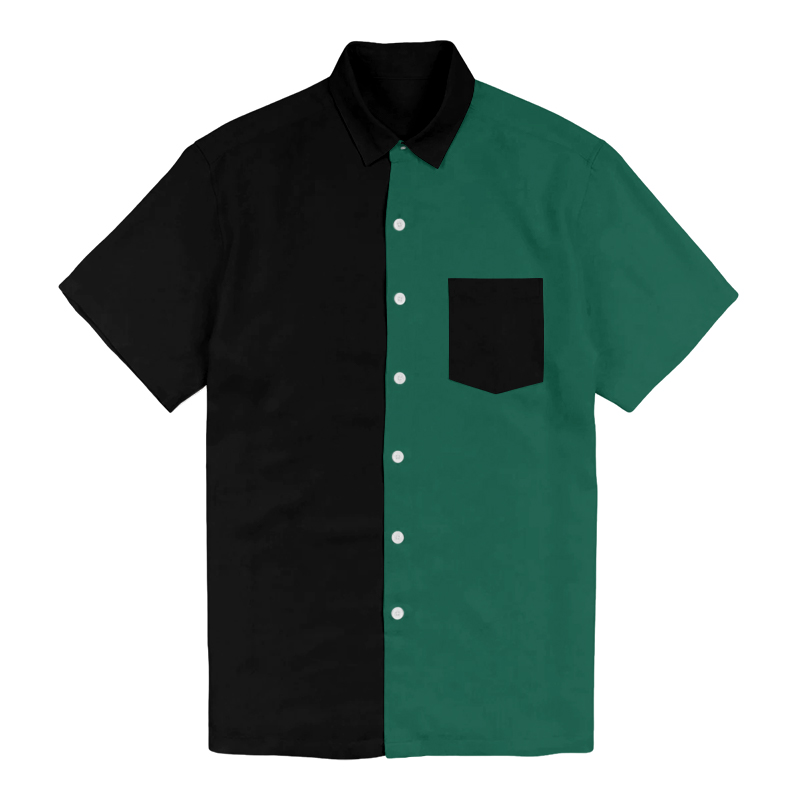100% Cotton Men's Simple Black And Green Splicing Print Short Sleeve Shirt - Green - 6XL - image 1