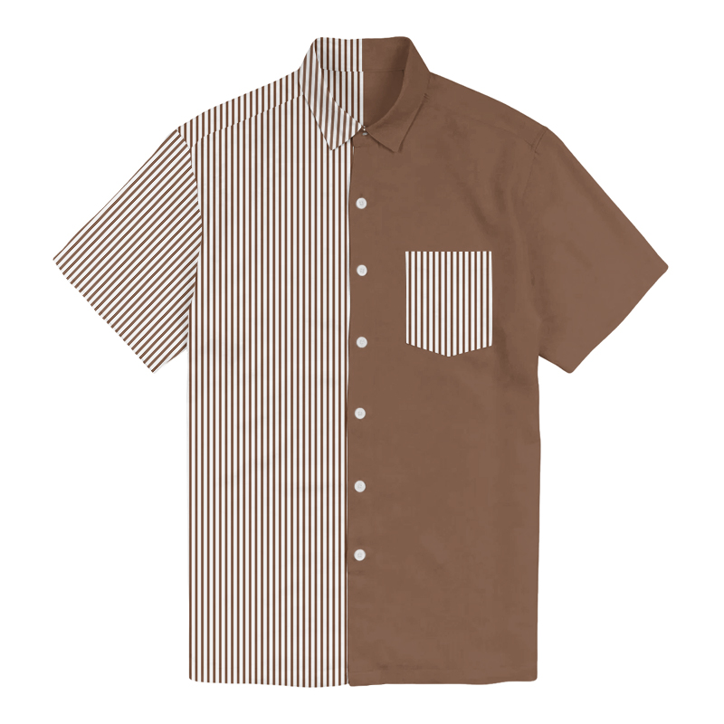 100% Cotton Men's Simple Brown Striped Patchwork Print Short Sleeve Shirt - Brown - 6XL - image 1