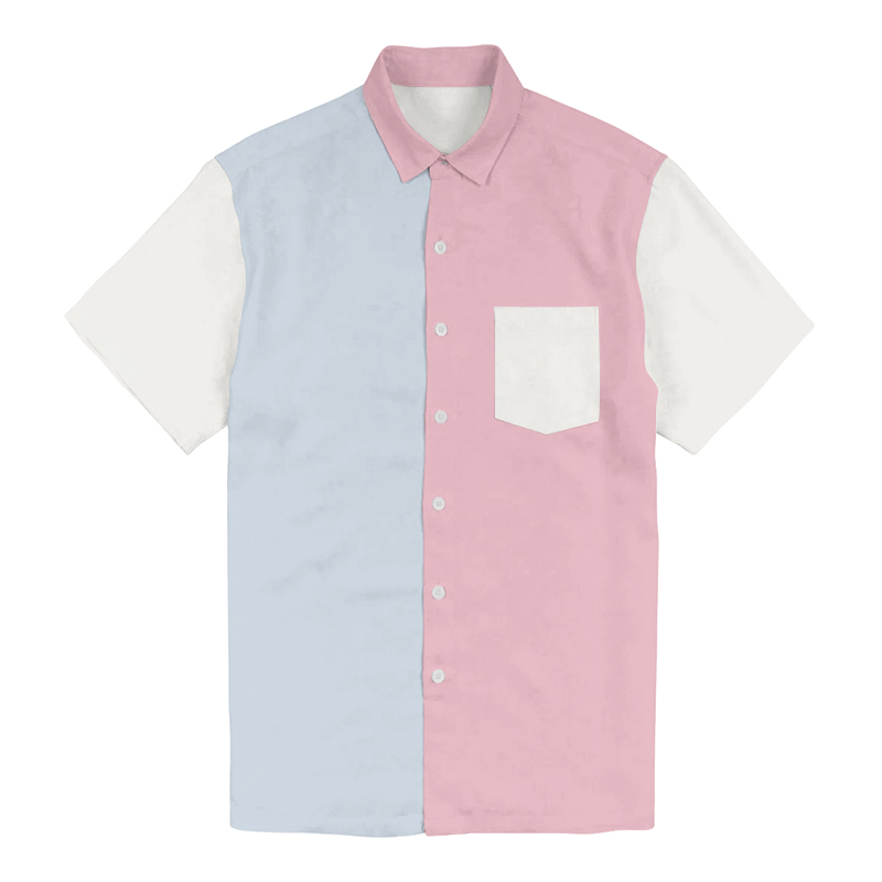100% Cotton Men's Simple Pink And Blue Splicing Print Short Sleeve Shirt - Pink - 6XL - image 1