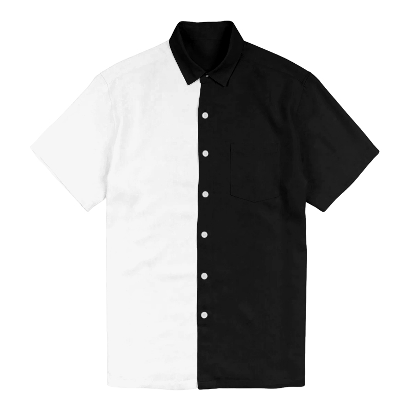 100% Cotton Men's Simple Black And White Splicing Print Short Sleeve Shirt - Black - 6XL - image 1