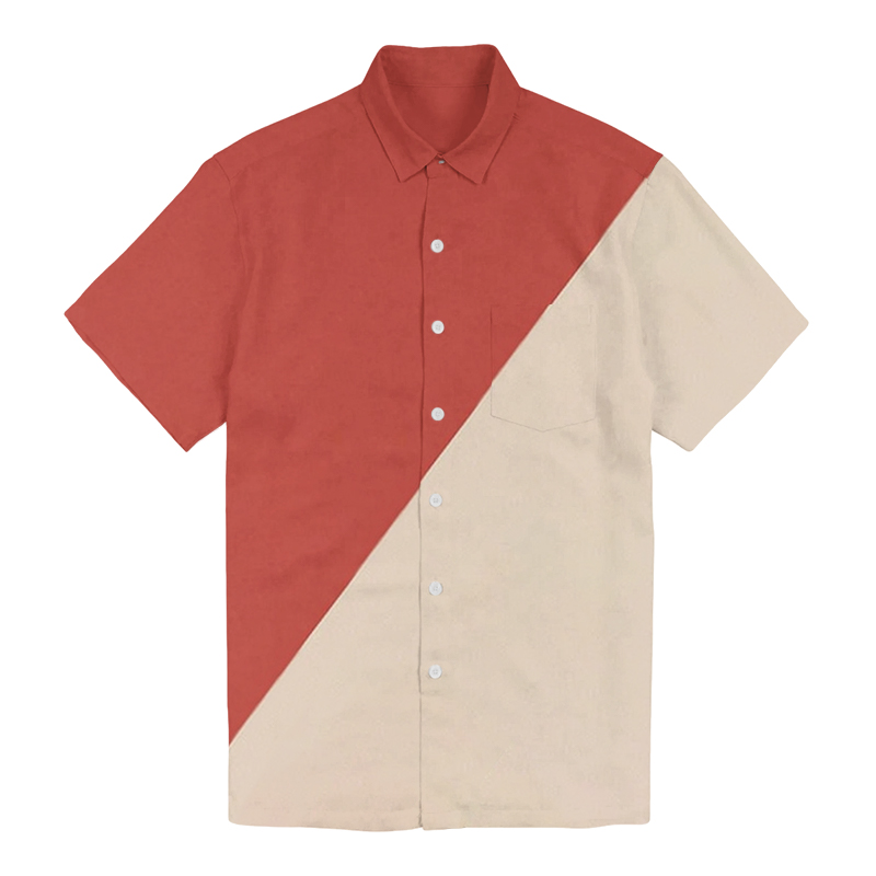 100% Cotton Men's Simple Red And Beige Patchwork Print Short Sleeve Shirt - Red - 6XL - image 1