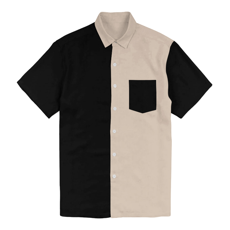 100% Cotton Simple Design Black And Beige Patchwork Print Short Sleeve Shirt - Beige - 6XL - image 1