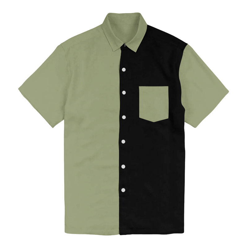 100% Cotton Simple Design Green And Black Splicing Print Short Sleeve Shirt - Green - 6XL - image 1