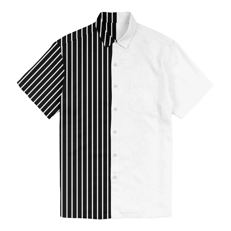 100% Cotton Simple Design Black Striped Patchwork Print Short Sleeve Shirt - White - 6XL - image 1