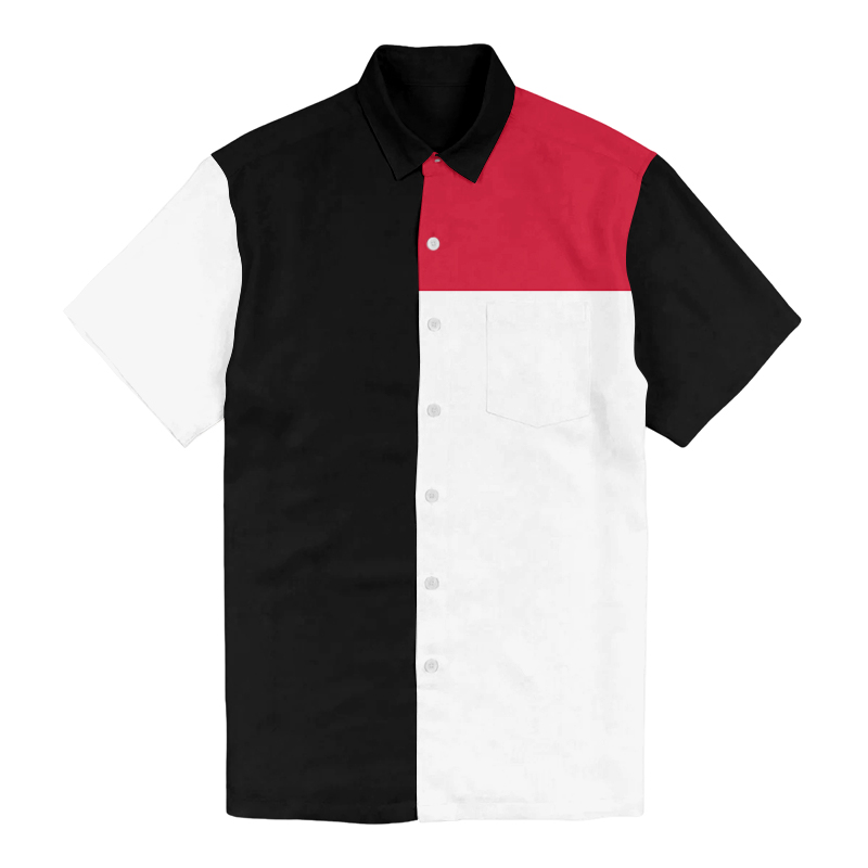 100% Cotton Simple Design Black And White Red Block Patchwork Print Short Sleeve Shirt - Red - 6XL - image 1