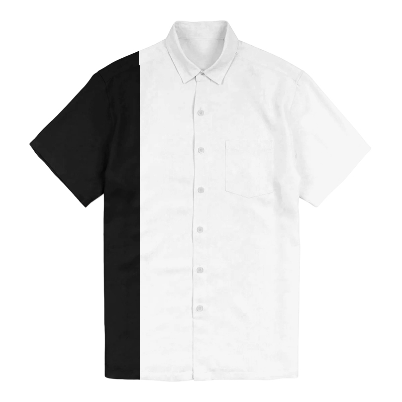100% Cotton Black And White Color Block Stitching Print Short Sleeve Shirt - Black - 6XL - image 1