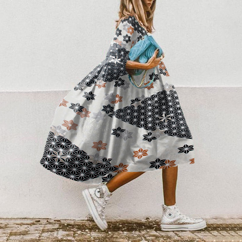 Retro Japanese Traditional Geometric Print Casual Loose Dress - Grey - 5XL - image 1