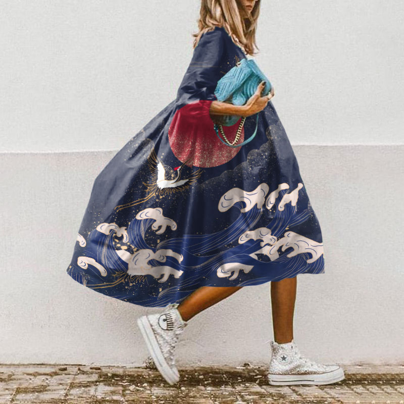 Japanese Style Sea Wave Crane Red Sun Print Casual Loose Dress - Navy Blue - 5XL - image 1