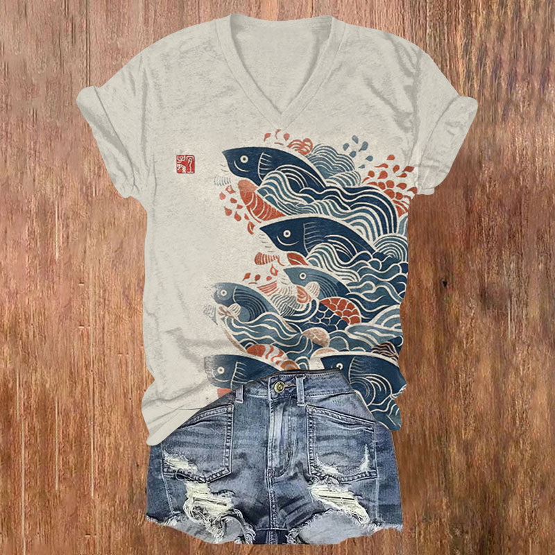 Japanese Art Carp Print Casual  V-neck T-shirt - Apricot - 5XL - image 1