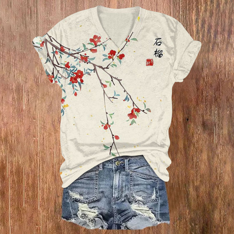 Japanese Art Floral Vintage  V-Neck T-Shirt - Apricot - 5XL - image 1