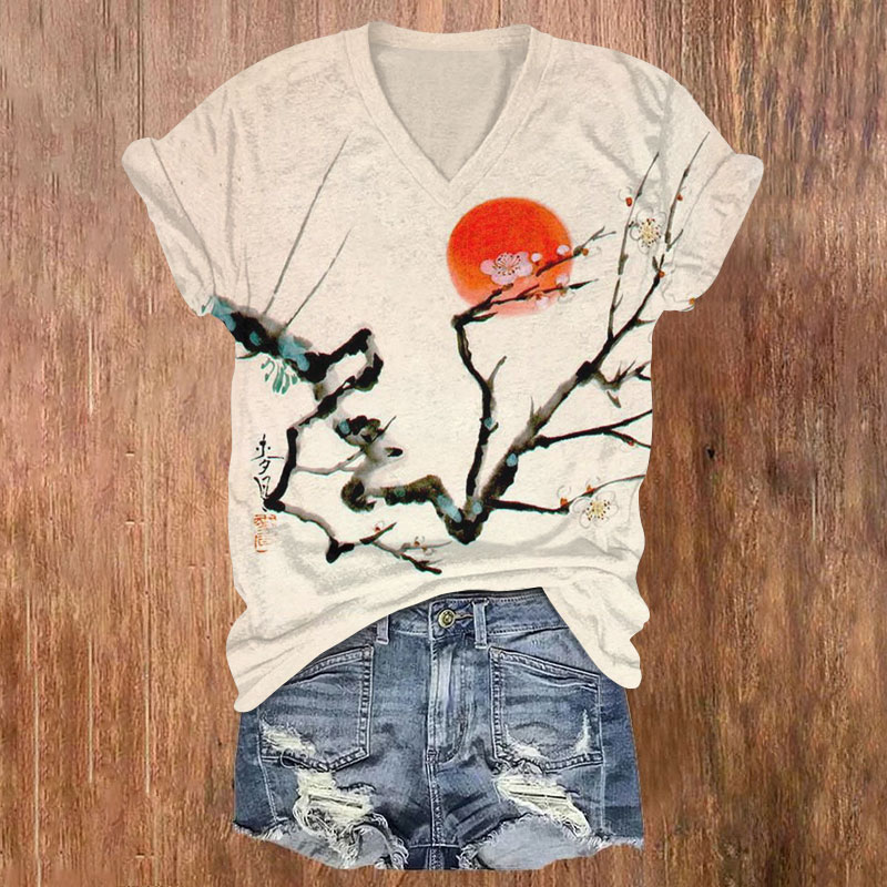 Vintage Japanese Art Sunrise Printed  V-Neck T-Shirt - Apricot - 5XL - image 1