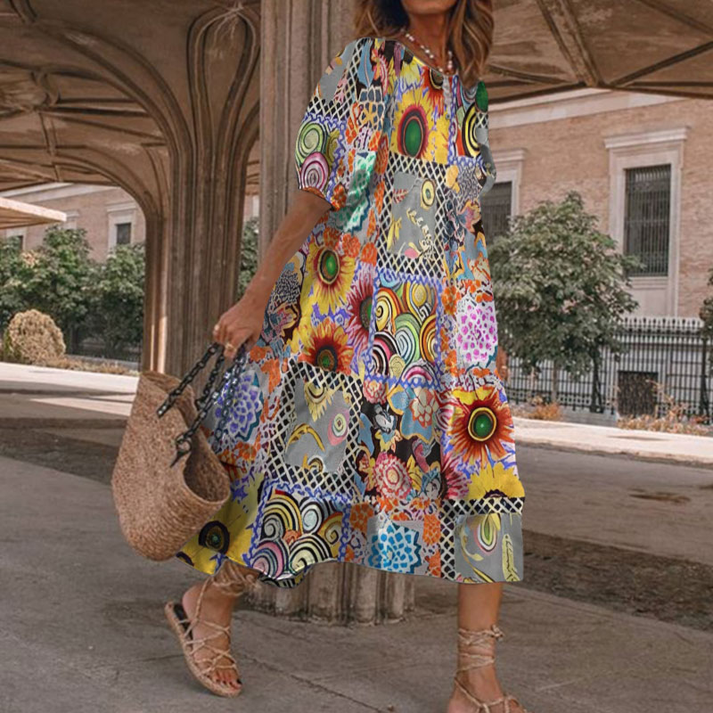 Boho Multicolor Floral Patchwork Print Casual Loose Dress - Multicolor - 5XL - image 1