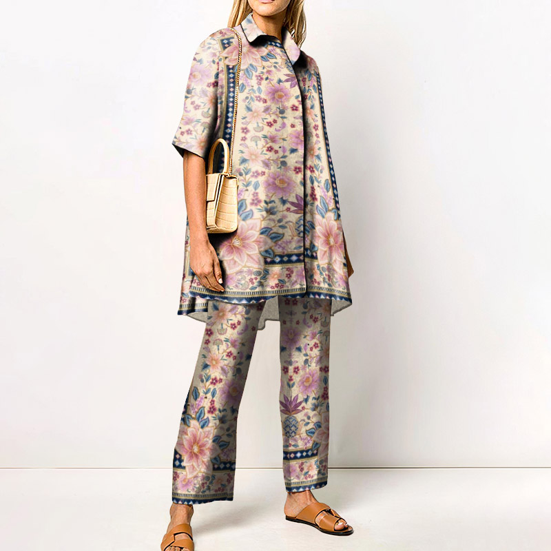 Vacation Floral Patchwork Printed Casual Shirt Set - Pink - 4XL - image 1