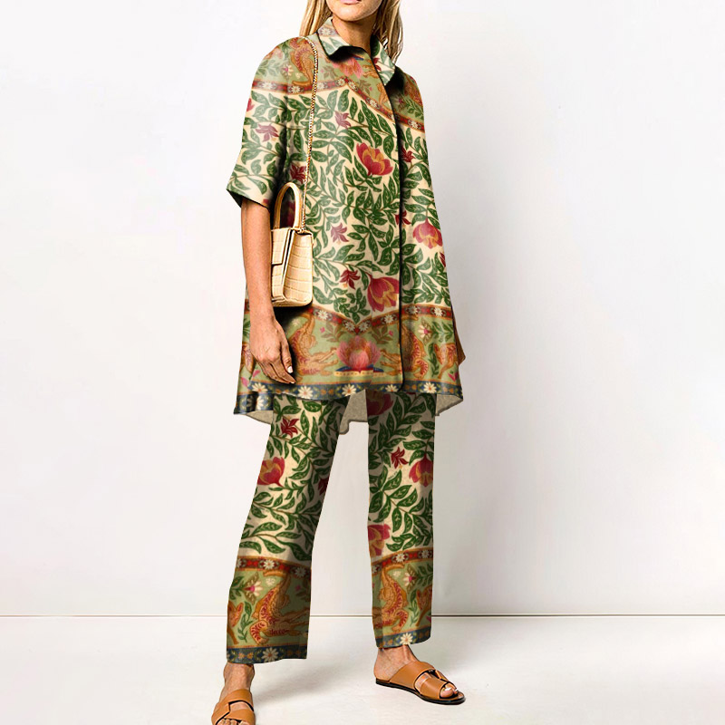 Vacation Floral Patchwork Printed Loose Shirt Set - Green - 4XL - image 1