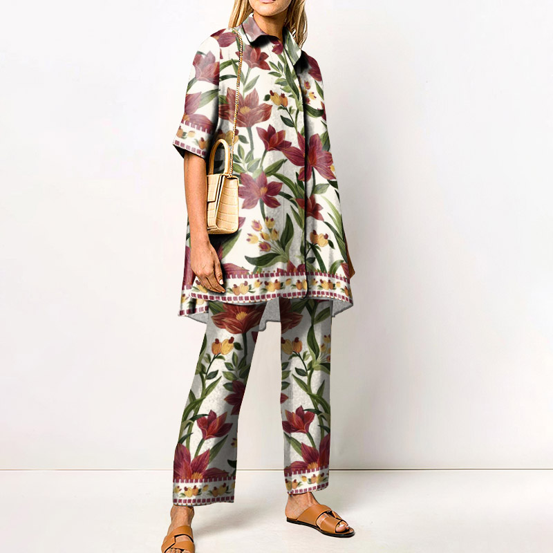 Vacation Floral Print Loose Shirt Set - Wine - 4XL - image 1