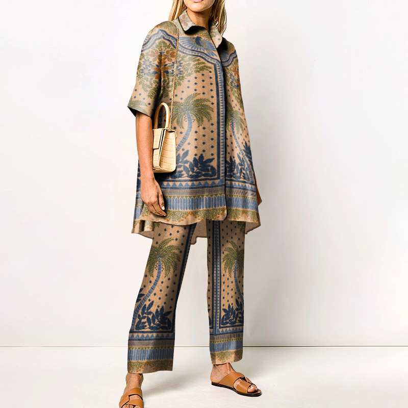 Vacation Coconut Print Short-sleeved Shirt Set - Khaki - 4XL - image 1