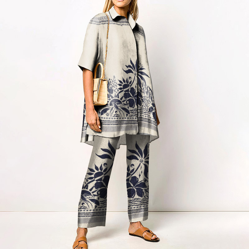 Vacation Floral Swallow Print Shirt Set - Navy Blue - 4XL - image 1
