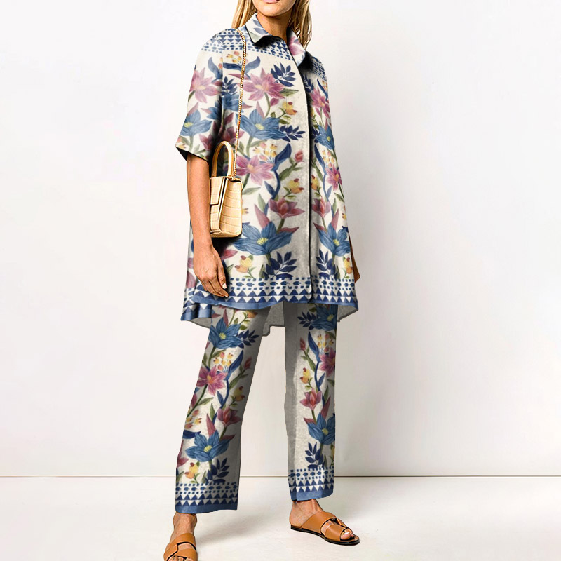 Vacation Short-sleeved Floral Print Shirt Set - Blue - 4XL - image 1