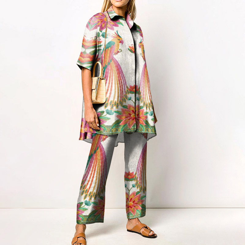 Vacation Parrot Print Short-sleeved Shirt Set - Pink - 4XL - image 1