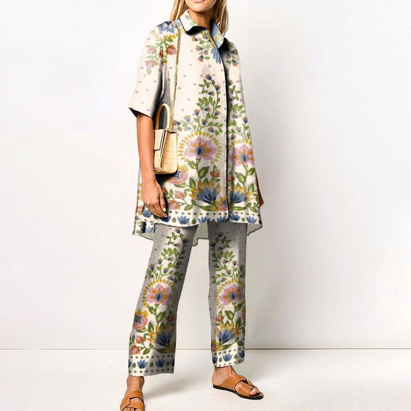 Vacation Floral Print Short Sleeve Shirt Set - Green - 4XL - image 1