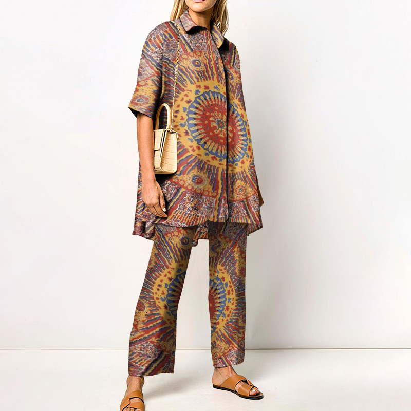 Vacation Multicolor Abstract Sun Printed Casual Shirt Set - Yellow - 4XL - image 1