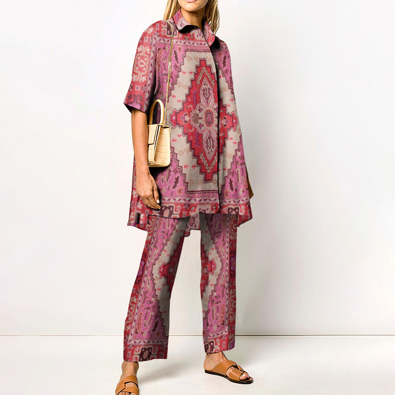 Retro Holiday Ethnic Totem Printed Casual Shirt Set - Pink - 4XL - image 1