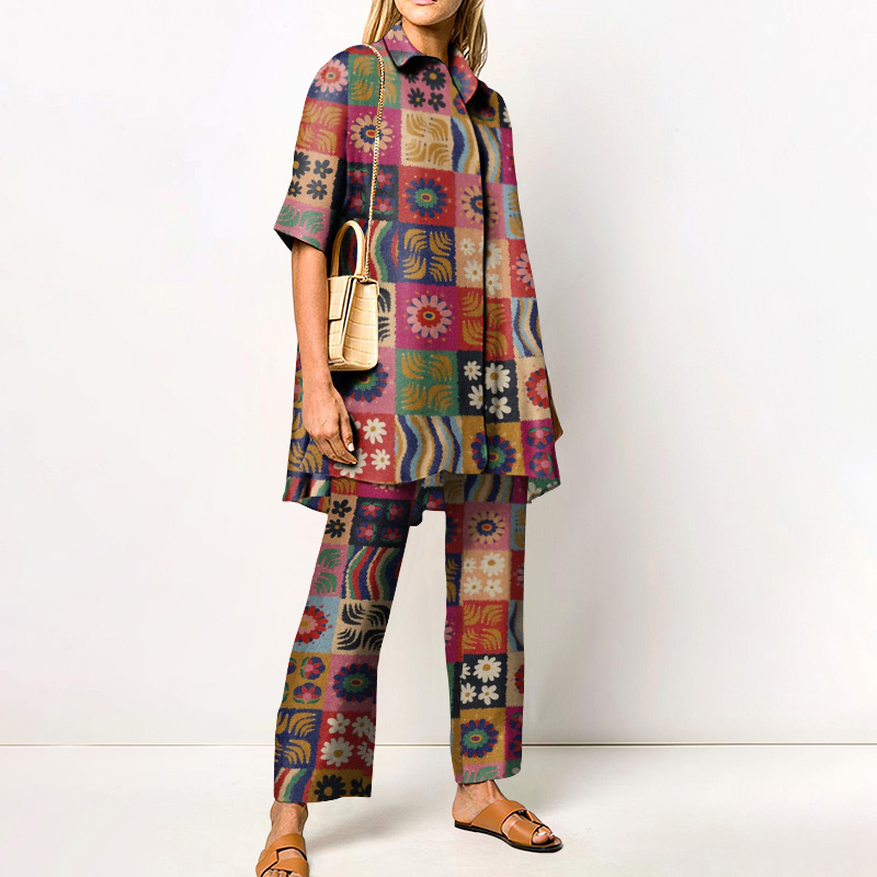 Vacation Retro Hippie Bohemian Daisy Plaid Printed Casual Shirt Set - Multicolor - 4XL - image 1