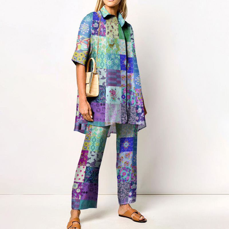 Vacation Women's Floral Check Printed Casual Shirt Set - Blue - 4XL - image 1