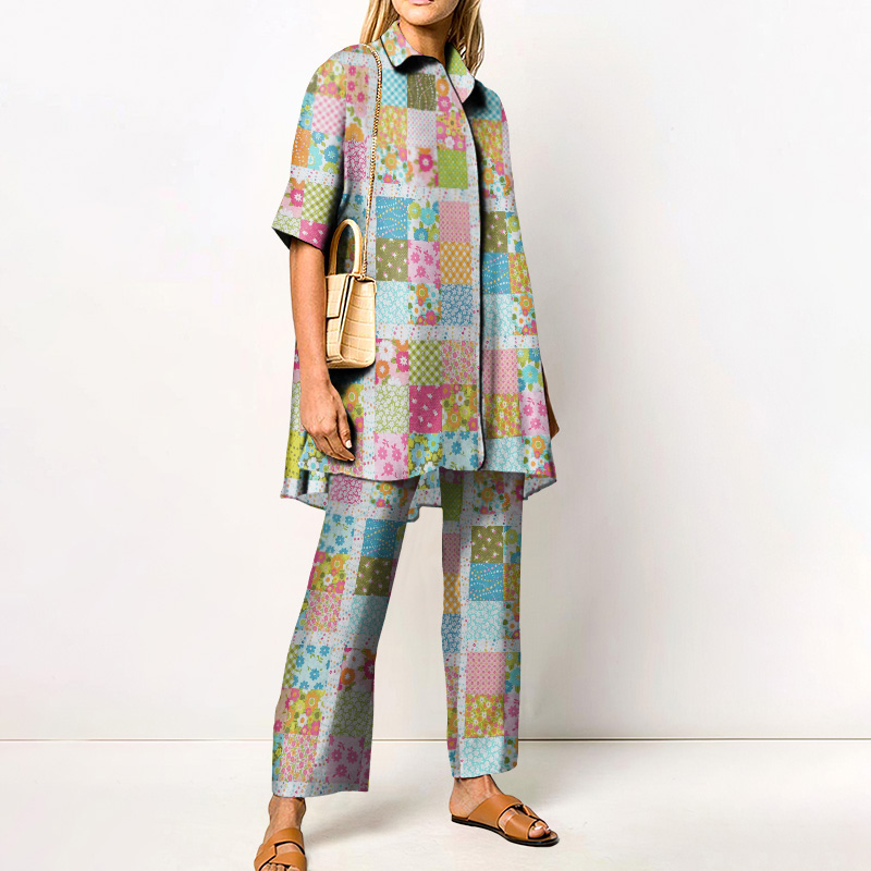Bohemian Vacation Artistic Floral Patchwork Printed Casual Shirt Set - Blue - 4XL - image 1