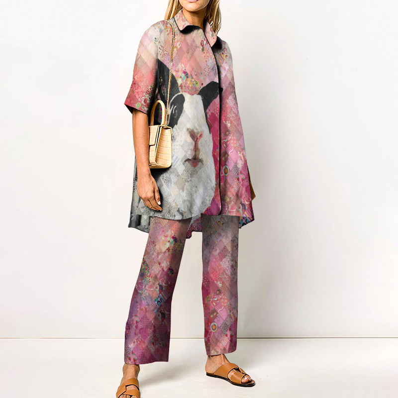 Boho Retro Design Floral Patchwork Bunny Printed Casual Shirt Set - Pink - 4XL - image 1