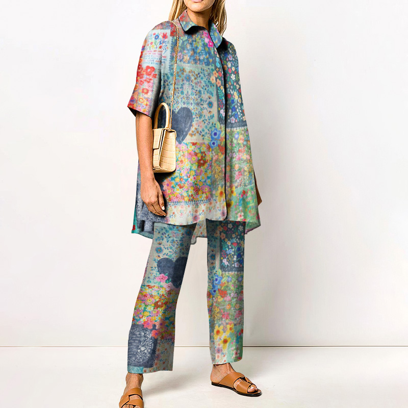 Hippie Bohemian Floral Stitching Art Printed Casual Shirt Set - Blue - 4XL - image 1