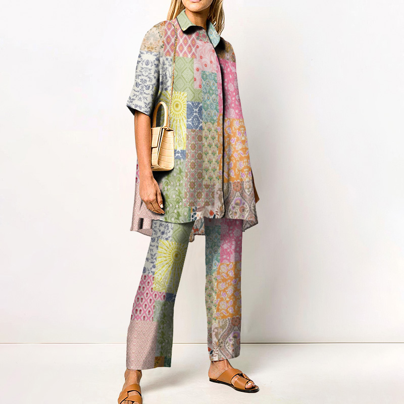 Bohemian Resort Floral Art Printed Casual Shirt Set - Pink - 4XL - image 1