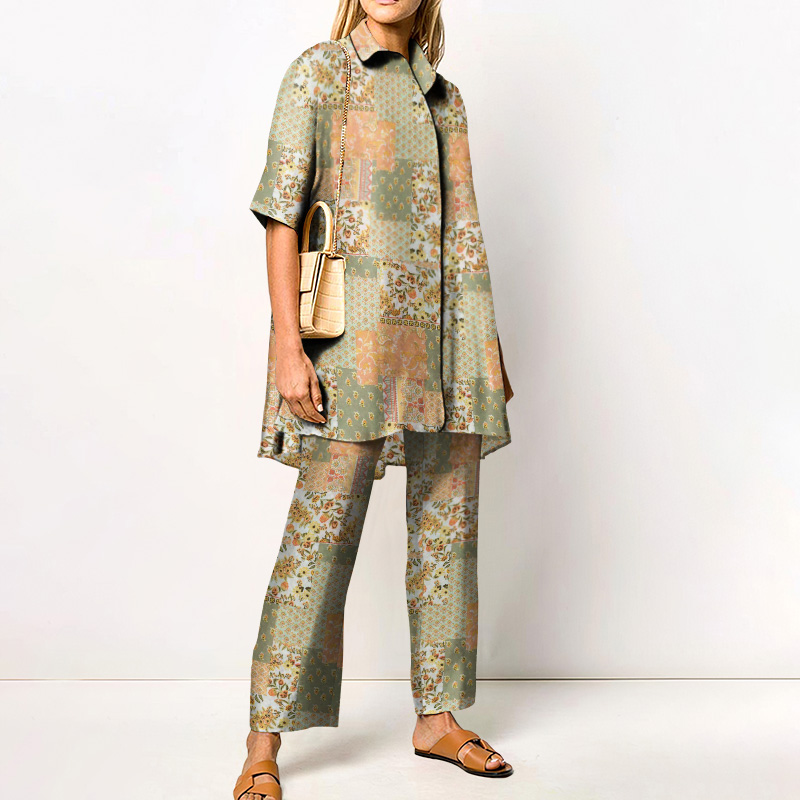 Resort Bohemian Floral Plaid Printed Casual Shirt Set - Green - 4XL - image 1