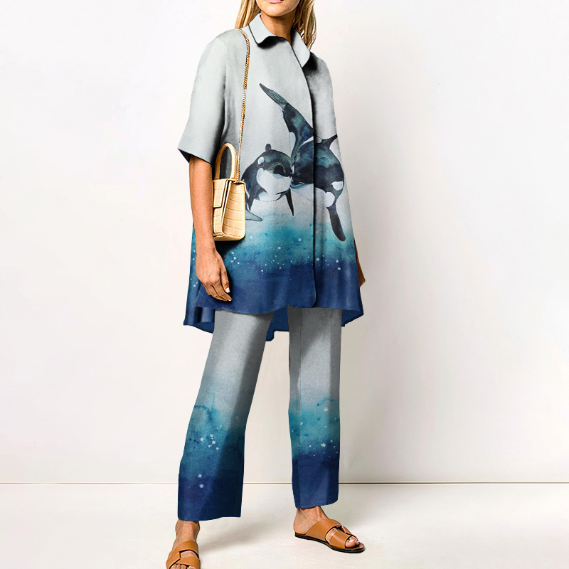 Vacation Ombre Whale Watercolor Art Printed Casual Shirt Set - Blue - 4XL - image 1