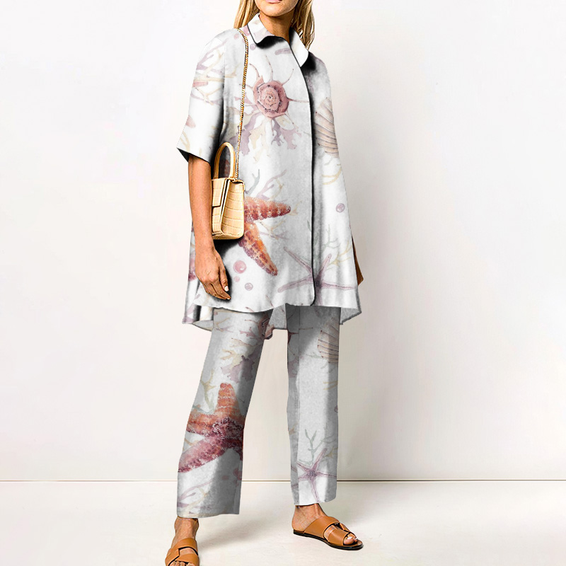 Summer Vacation Shell Starfish Art Printed Casual Shirt Set - Beige - 4XL - image 1
