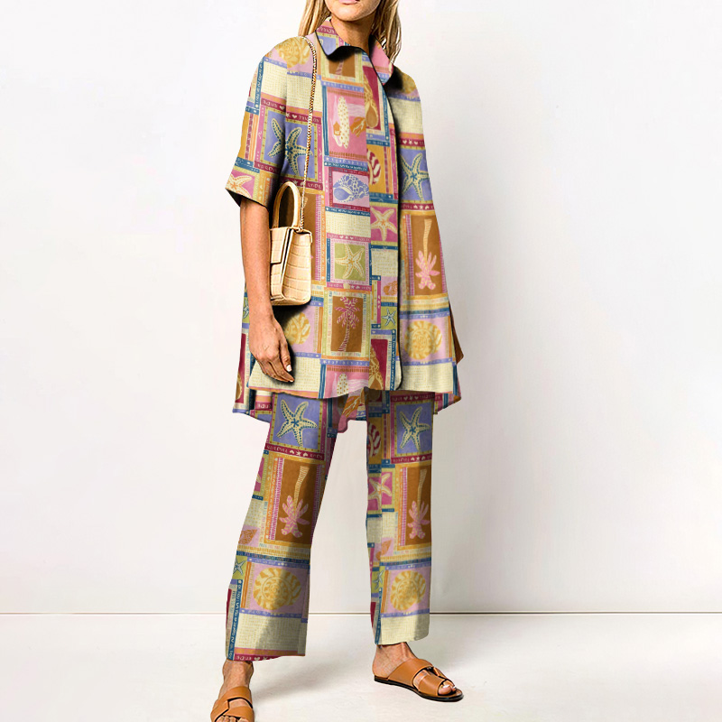 Summer Vacation Starfish Palm Tree Plaid Printed Casual Shirt Set - Multicolor - 4XL - image 1