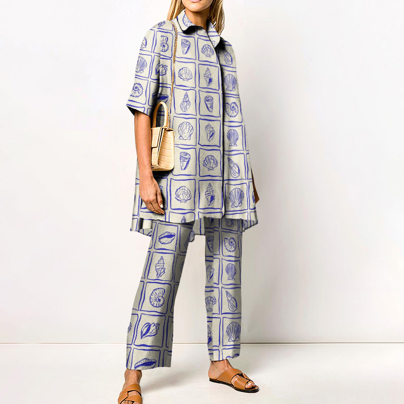 Retro Vacation Ocean Shell Plaid Printed Casual Shirt Set - Blue - 4XL - image 1