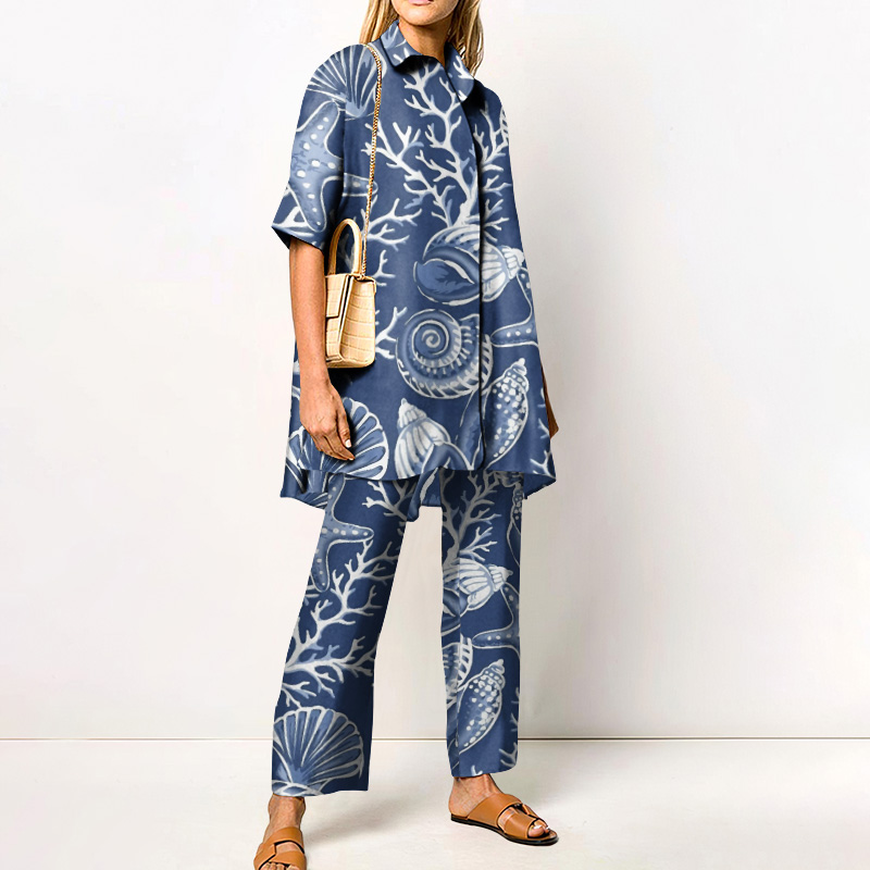Retro Holiday Shell Coral Print Loose Shirt Set - Blue - 4XL - image 1