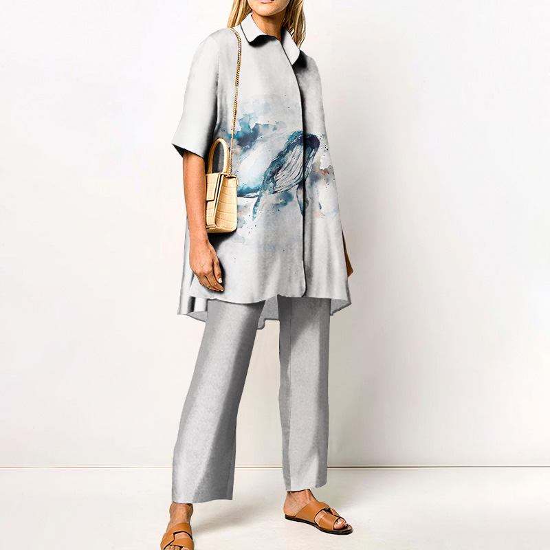Vacation Watercolor Whale Print Loose Shirt Set - Blue - 4XL - image 1