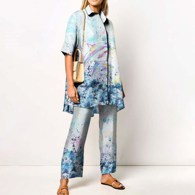 Vacation Watercolor Colorful Dolphin Print Loose Shirt Set - Blue - 4XL - image 1