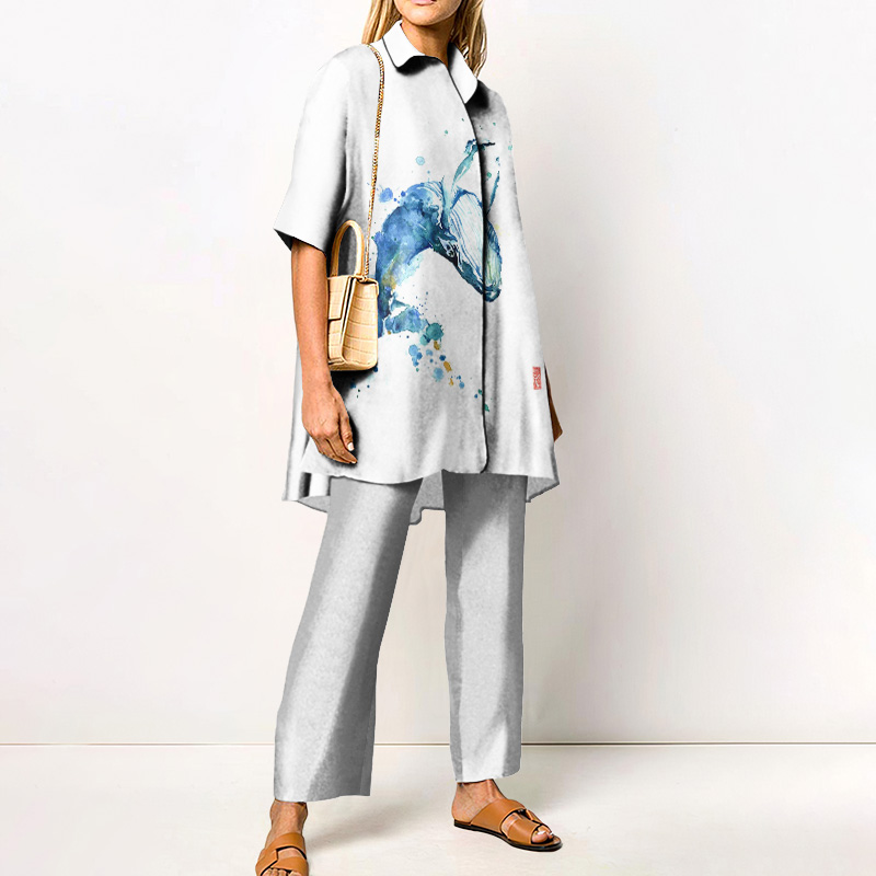 Vacation Simple Watercolor Jumping Whale Print Loose Shirt Set - Blue - 4XL - image 1